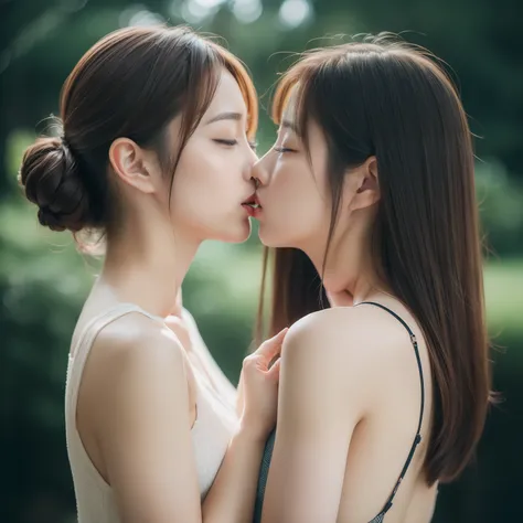 Woman-to-woman、Licking each other、profile、hposing Gravure Idol、((top-quality、8K、​masterpiece:1.3))、Raw photography