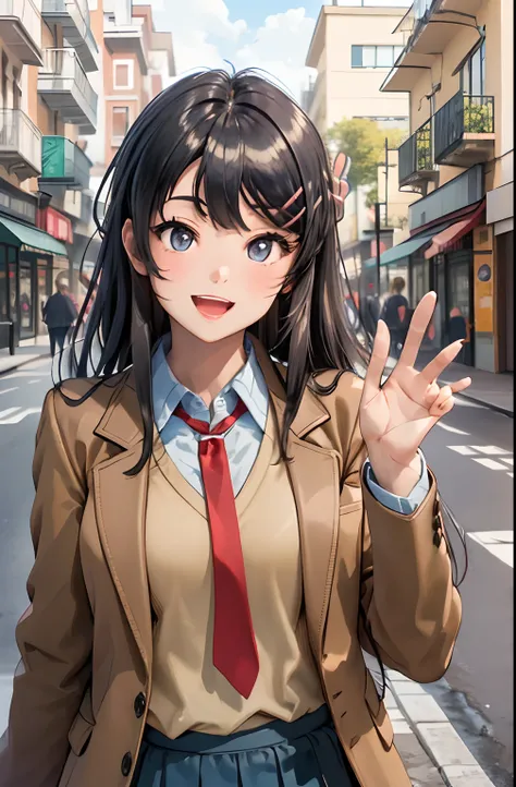 (masterpiece,best quality, detailed), 1girl, solo focus, outdoors, street, , day, smile, open mouth, waving, arm up,
sakurajima mai, brown jacket, red necktie, white shirt, blue skirt, sweater vest, hairclip, loafers