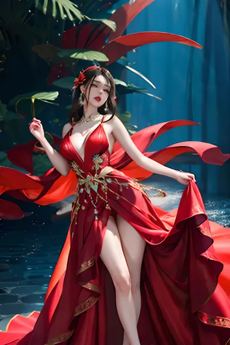 araffe princess in a red dress, crown, sexy legs, blue lotus in hand, background sea of fire, sexy gown,sexy dress, opened dress, translucent dress, she is wearing a red dress, tall thin beautiful goddess, elegant posed, stunning elegant pose, captivating ...