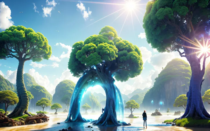 Masterpiece, best quality, high quality, highly detailed CG unity 8k wallpaper, surreal giant cyan rain tree in a futuristic prehistoric village, splashing water, sandy debris, lens flare, sun axis, fluffy clouds, ultra detailed, HDR, bloom, photorealistic...