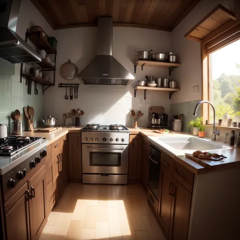 Tema claro e iluminado, Ultra resolution, Hiper realista, HDR, uma cozinha, with in the center a mess with healthy food and cooking utensils.