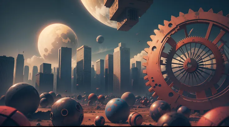 Dystopian planet thriving with plant life. Include mechanical stuff such as broken cogs and wheels. Broken Skyscrapers in the distance. Very High Color Contrast with colors red, white, blue, black. Includes Cubes and Spheres within the shape. Realistic. Ar...