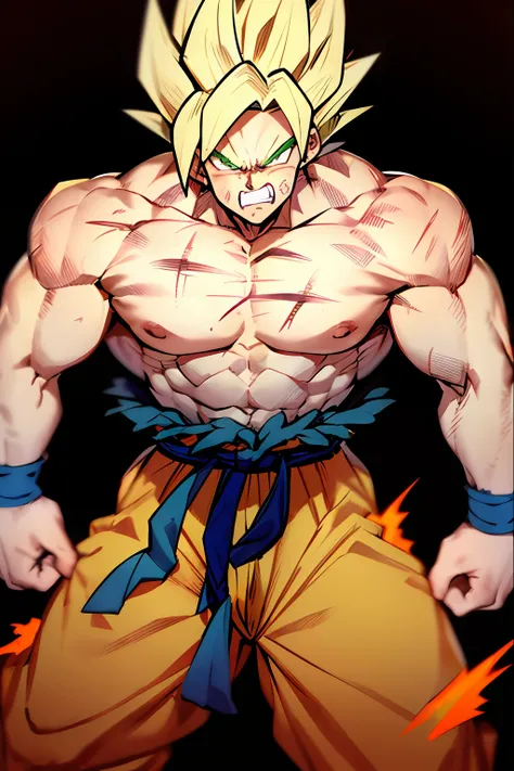 son goku, 1boy, angry, battle damage, blonde hair, blue sash, clenched teeth, furious, green eyes, male focus, muscular, muscular male, pectorals, sash, solo, spiked hair, super saiyan, super saiyan 1, teeth, topless male, torn clothes, wristband, ((master...