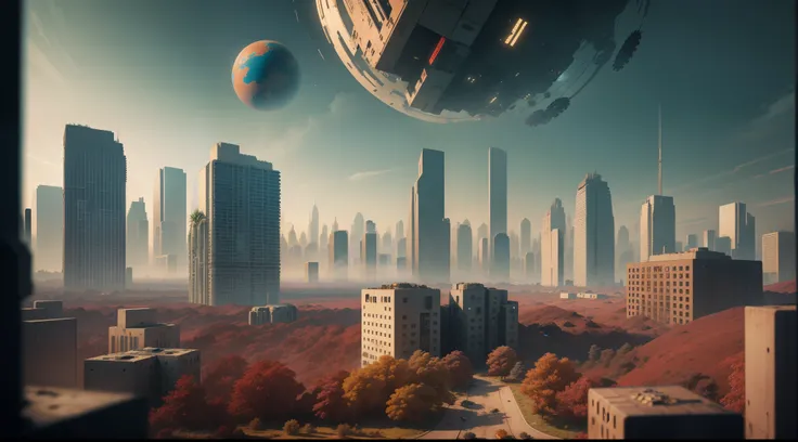 Dystopian planet thriving with plant life. Include mechanical stuff such as broken cogs and wheels. Broken Skyscrapers in the distance. Very High Color Contrast with colors red, white, blue, black. Includes Cubes and Spheres within the shape. Realistic. Ar...