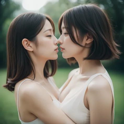 Woman-to-woman、embracing each other、profile、hposing Gravure Idol、((top-quality、8K、​masterpiece:1.3))、Raw photography