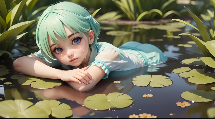 Watery eyes，Cute girl，short detailed hair，Delicate facial features，Handsome，The character is on a puddle，Stirred up splashes，Beautiful，a color