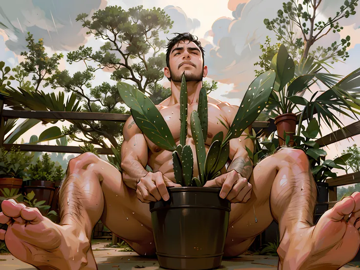 there is a stocky chubby masculine man sitting on the ground with a potted plant, covered in plants, next to cacti, illustration art, masterpiece, among cacti and agave plants, stormy rain sky and clouds background, no extra toe, mega muscles, beast stocky...