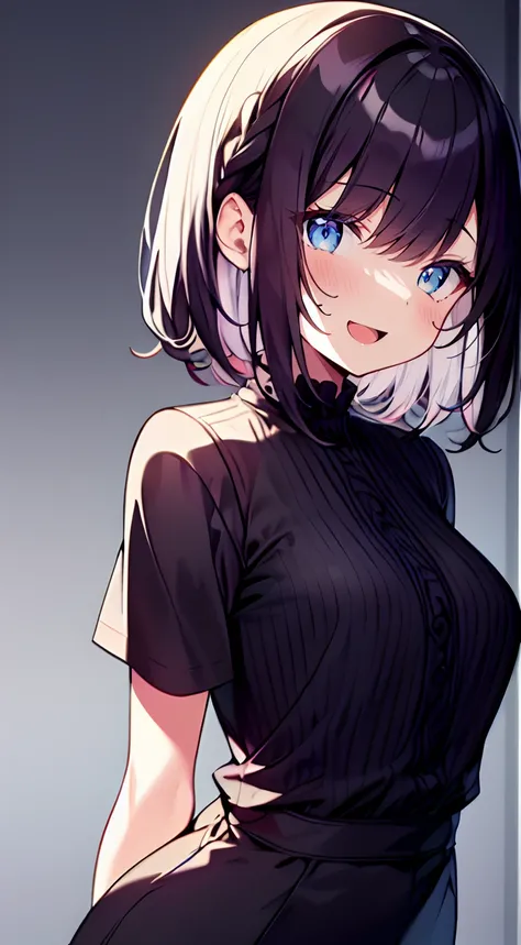 masutepiece, Best Quality,Illustration, Wallpaper, Ultra Detail, 1girl in,Solo,Beautiful detailed eyes,Very thick contour lines、Medium Short-Cut Hair、Short, Braided hair、(student clothes)、Dark hair color、Open mouth and big smile、Kamimei、Angle from which yo...