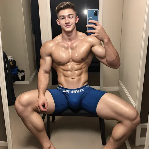 masterpiece, best quality, ultra detailed, realistic, sfw, 1boy, an attractive 18 years old fit caucasian boy sitting in front of a mirror taking selfie, flexing pose, ((sweat)), shirtless, wearing tight jockstrap, big bulge, vpl, smug, full body shot,