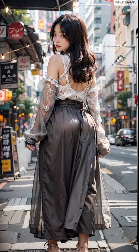 A Japanese woman walking in the city，Buildings，A plant，ssmile，Mixed Korean，The background is blurred out，focal，电影灯光，(((tmasterpiece))), ((best qualtiy)), ((Complex and detailed)), ((ultra-realistic realism)), Ridiculous resolution, A MILF, Mature woman, ss...