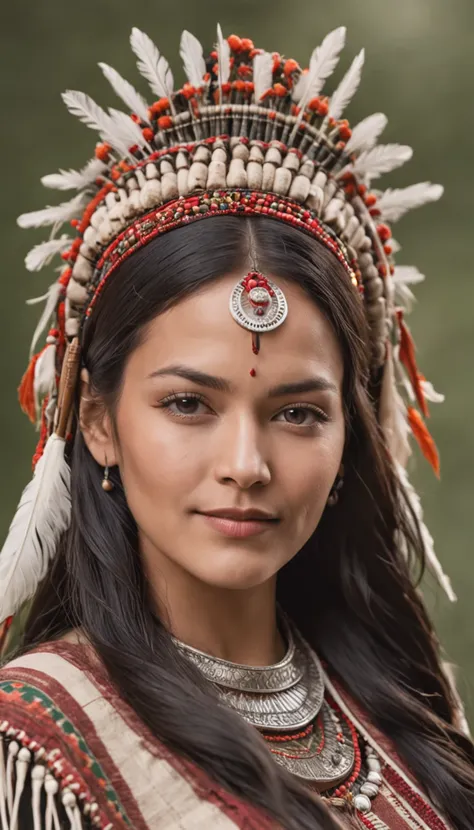 A photo of the face of a Native American woman, with green eyes, black hair, and a highly detailed Cherokee headdress adorning her head. She smiles towards the camera. She wears traditional and abbreviated indigenous clothing, showcasing her slender body. ...