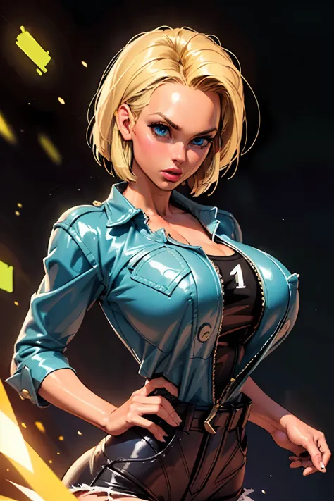 (((1 girl,  cute, ((android 18)), gigantic breasts:1.2), denim jacket, black top, blond, short hair, bob hair,  side parted hair, blue eyes))), (((blond hair))), 
dynamic poses, realistic style, depicting android 18 in various action scenes, from intense b...