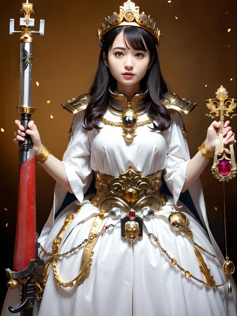 (masutepiece), Professional , ​masterpiece、top-quality、photos realistic , depth of fields （Gemstone Silver Metal Body:1.９),(Matte White、Jewel Gold Weapon（Jewel Metal Body:1.４),Gorgeous metal weapons , Detailed Sword of the Brave , Beautiful knife   ,warham...