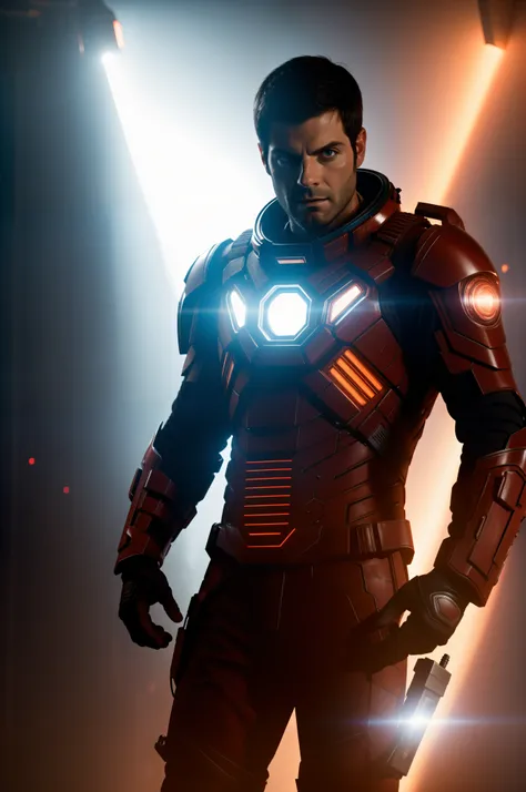 Sci Fi Horror Dead Space David Giuntoli on Ishimura Haunted Space Ship, electronic circuits hanging loose in background dark red lighting, high contrast, shiny skin, backlighting, chromatic aberration, sharp focus, photography, natural light, photorealism,...