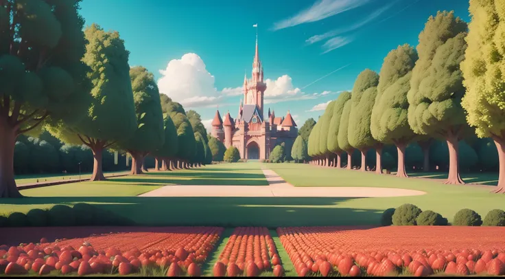 strawberry field, beautiful landscape, Pixar Disney style