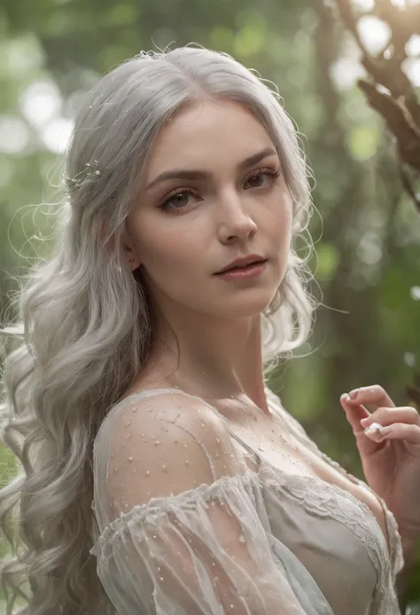 (masterpiece, high resolution:1.5), (photoshoot in the enchanting forest:1.2), (heavy rainfall creating a magical ambiance:1.2), (silver-haired elf maiden:1.2), (glistening wet hair and body:1.2), (sheer white blouse clinging to her form:1.2), (natural and...