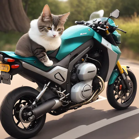 Cat Araffe sitting on a motorcycle on the road, Sitting on a motorcycle, Driving on the road, riding on a motorcycle, riding on a motorcycle, motorcycle, Digital Art. photorealestic, a cat, who could drive a car, photorealistic image, motorcycle, Kawasaki,...