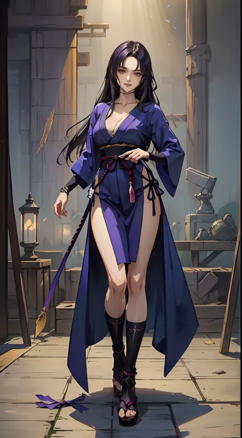 a beautiful woman with sleek dark purple long hair, a delicate and enchanting face, her eyes are sharp and piercing, a cunning smile, she has a slender figure, a fantasy-style form-fitting ninja outfit, the character design reflects a fantasy-style ninja b...