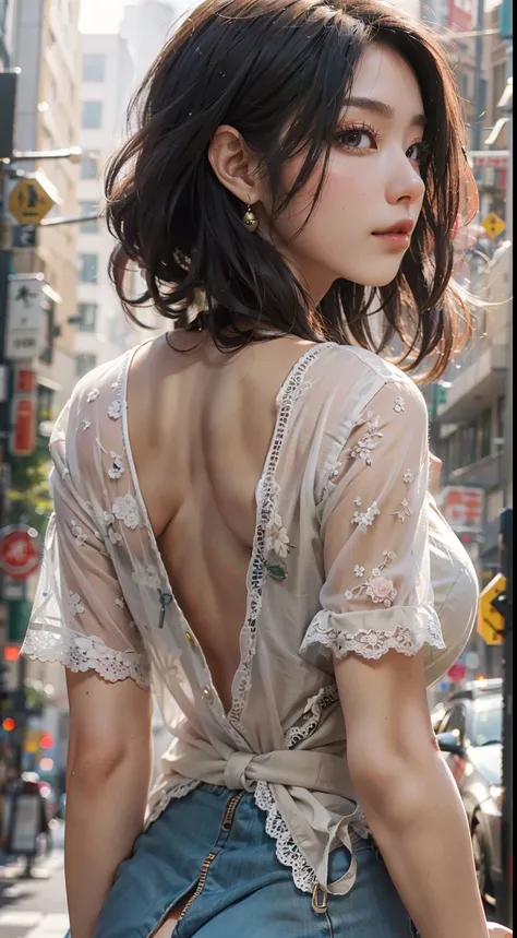 A Japanese woman walking in the city，Buildings，A plant，ssmile，Mixed Korean，The background is blurred out，focal，电影灯光，(((tmasterpiece))), ((best qualtiy)), ((Complex and detailed)), ((ultra-realistic realism)), Ridiculous resolution, A MILF, Mature woman, ss...