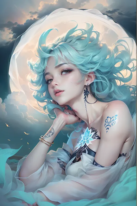 ((top-quality))、((​masterpiece))、(detaileds)、seductive succubus、Fantastic beauty、Perching on the clouds、(fantasy illustrations:1.3)、a captivating gaze、Pose Seductive、Delicate wings、Otherworldly charm、mystical sky、Moon Night、Soft colors、(detailed cloudscape...