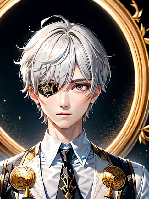 a close up of a light gray short hair person wearing a white and onyx unbutton shirt with white right sleeve and golden lace, black eye patch on his left eye, genshin impact style, t-pose of male magic wizard, lunar themed attire, portrait, closeup, full h...