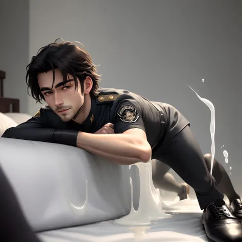 A boy in his thirties，Wear black stockings and leather shoes，Propped up on the bed on all fours，The skin is slightly dark，long leges，voluminous hair，Handsome，Lewd expression，Shooting white liquid in uniform