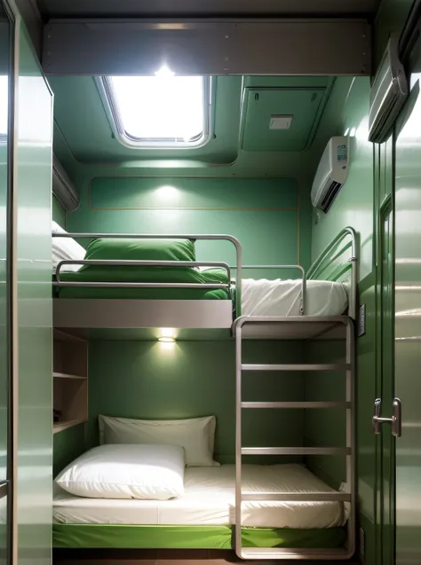 Train sleeper bunk single bed，The bed is against the window，Green and white quilt and white walls, Inside the train, with a bunk bed, Beds, capsule hotel, completely empty, Extremely quality, flat，