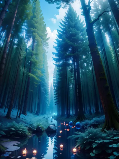 A magical forest with bright blue trees and floating fire lanterns