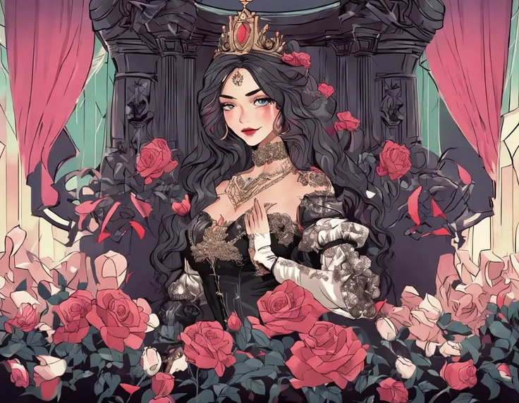 Dark queen, in black suit dress, dark roses, luxurious