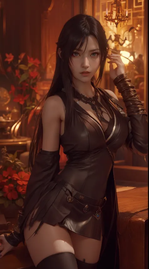 Top image quality、Tipha Lockhart in Final Fantasy 7 Remake、Beautiful expression、sexy  pose、Intricate details、Vibrant colors、Thigh knee high、Hair styling、Long black hair、Transparent background、shining light、Fantastic atmosphere。