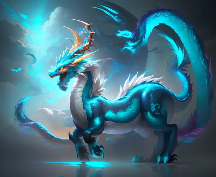 Brightly colored horses with a long tail and a tail with a long tail.........,Stay in the water in the evening., Mythical Creatures, chinese dragon concept art, smooth chinese dragon, cyan chinese dragon fantasy, Mythical Creatures, Fantasy Creatures, Rain...