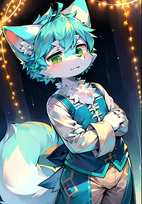 eyes with brightness, in a panoramic view, Q version，Character focus.独奏, shaggy, shaggy male, malefocus, (Full Body Furry, A blue tail, There is white fur all over the body, Green eyes, blue hairs）(arctic fox、wearing an outfit），（4K分辨率）（Little cute）（hyper c...