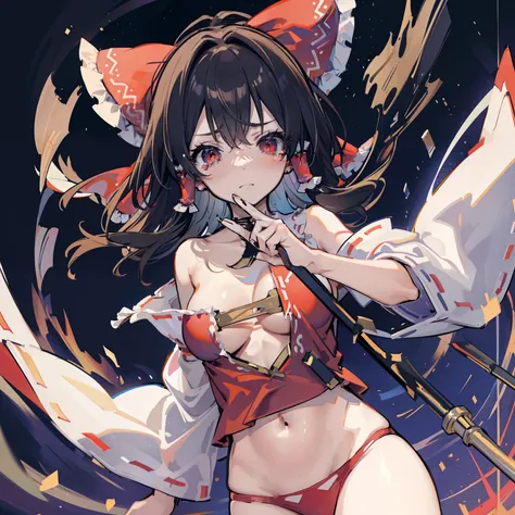 masutepiece, Fine detail, 4K, 8K, 12K, Solo, Solo, Beautiful Girl, caucasian female, Borei Reimu, A dark-haired, Red Eyes, tears、 Big breasts, cleavage,worn-out、ripped clothing、Shredded clothes、You can see your bare skin、Hand in the crotch、tatteredclothing...