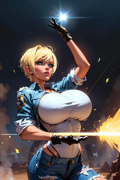 (((1 girl,  cute, (gigantic breasts:1.2), denim jacket, white top, jeans,  black Gloves, blond, short hair, pixiecut,  side parted hair, blue eyes))), (((blond hair))), 
dynamic poses, manga style, depicting a group of characters in various action scenes, ...