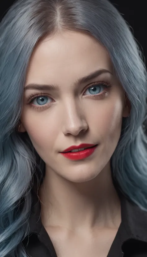 A medium closeup photo of a woman with light blue hair, intense blue eyes that emit a strong glow, thick and dark eyebrows, a well-made up face, and red lipstick-adorned lips. She is wearing a black woolen shirt. The setting is a photographic studio with a...