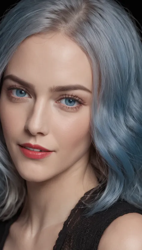 A medium closeup photo of a woman with light blue hair, intense blue eyes that emit a strong glow, thick and dark eyebrows, a well-made up face, and red lipstick-adorned lips. She is wearing a black woolen shirt. The setting is a photographic studio with a...