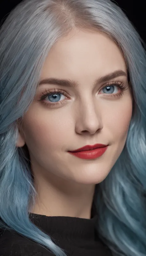 A medium closeup photo of a woman with light blue hair, intense blue eyes that emit a strong glow, thick and dark eyebrows, a well-made up face, and red lipstick-adorned lips. She is wearing a black woolen shirt. The setting is a photographic studio with a...