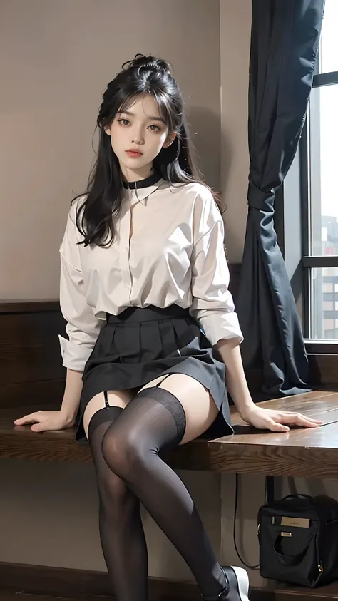 A beautiful lady sitting on the sofa at home, real style, full body portrait, stand-up collar white shirt, short skirt, long black hair, delicate facial features, plump chest, very thin stockings, slender legs, upturned legs, calm expression, soft interior...