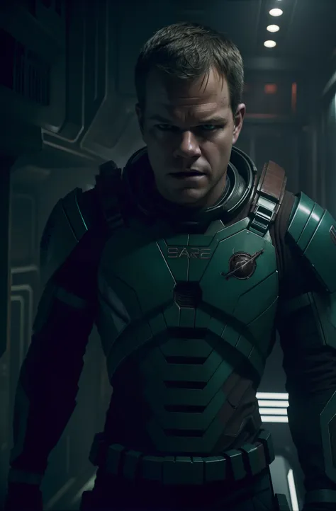 Sci Fi Horror Dead Space Matt Damon on Ishimura Haunted sci fi Space Ship photography, photorealism, shiny skin, cinematic rendering, ray tracing, the highest quality, the highest detail, Cinematic, Third-Person View, Blur Effect, Long Exposure, 8K, Ultra-...