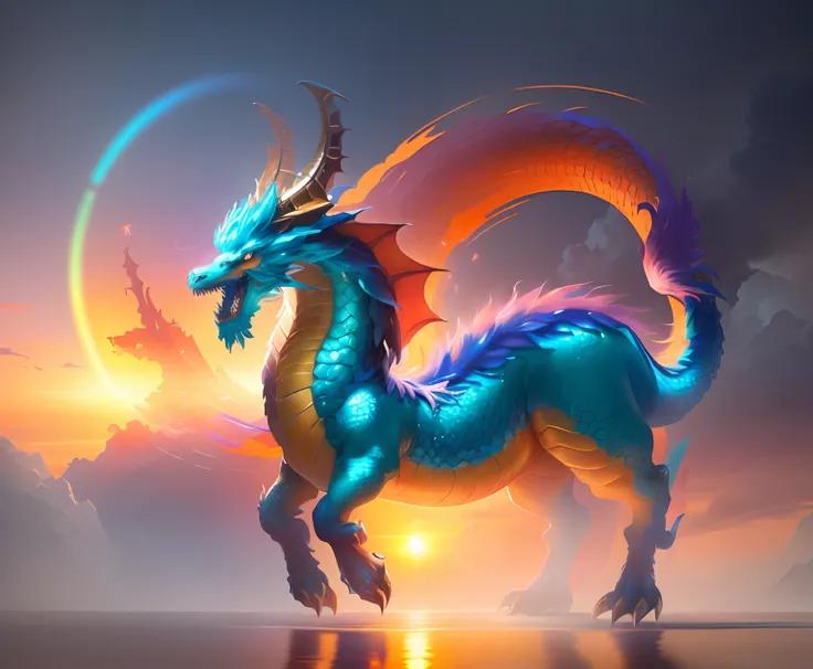 Brightly colored horses with a long tail and a tail with a long tail.,In the water at the evening orange sun....., Mythical Creatures, chinese dragon concept art, smooth chinese dragon, cyan chinese dragon fantasy, Mythical Creatures, Fantasy Creatures, Ra...