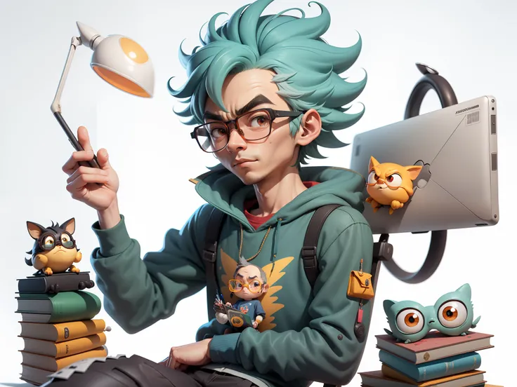 A young man with glasses sits at his desk，holding laptop，digitial painting，3D character design by Mark Clairen and Pixar and Hayao Miyazaki and Akira Toriyama，4K HD illustration，Very detailed facial features and cartoon-style visuals。