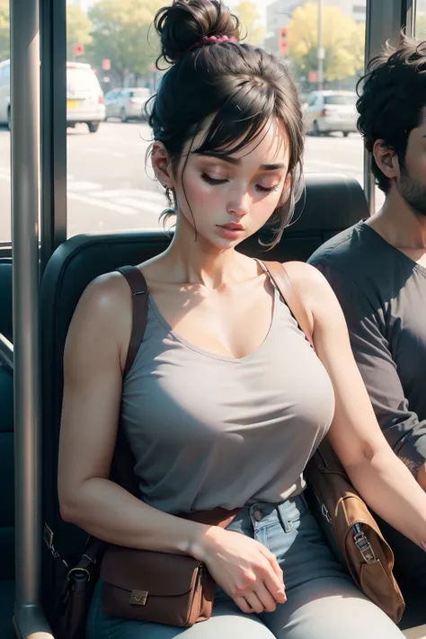 1 beautiful woman, adult, large body, short hair, hair tied up in a bun, eyelids made up, eyelids outlined, sleeveless shirt, gray shirt, flowered shirt, blue jeans, neckline, black handbag, sleeping sitting on the bus, mouth open , closed eyes