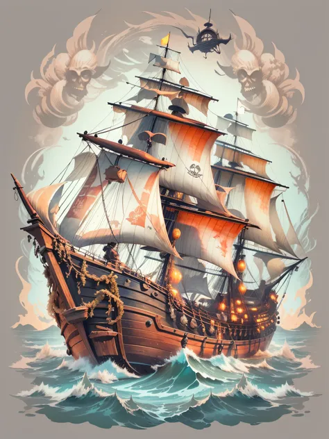 T-shirt print style vector image of a pirate ship on the high seas in the background, a jack sparow style pirate just face the front of the image, image without background, white background, vivid colors realistic 3d style, detailed image