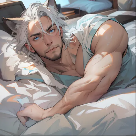 athletic Male with light beard, has flowing white hair, has wolf ears, has wolf tail, shirtless, playful, solo, alone, has bright blue eyes, , relaxing on a bed,