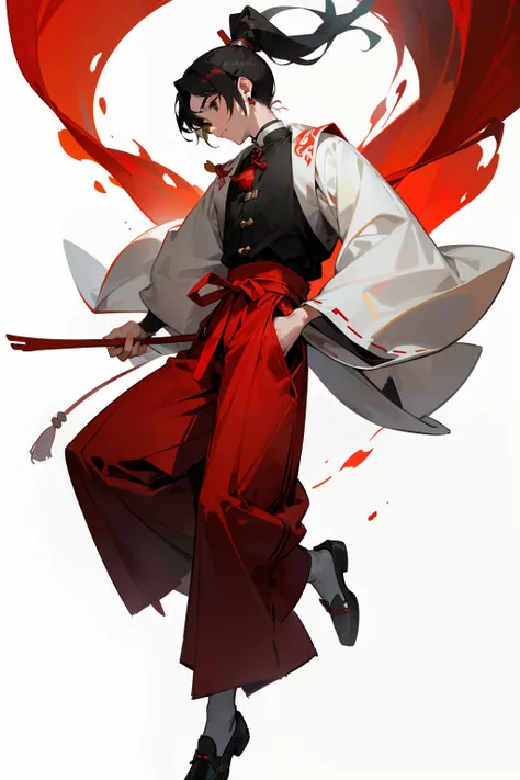 Boys loose red trousers with green eyes and red Han elements and white high ponytail menswear，Wearing Miao wide-sleeved clothes，Around his neck he wore a large scattered strewn silver ornament。The overall look has a juvenile feel，Wear black cloth shoes on ...