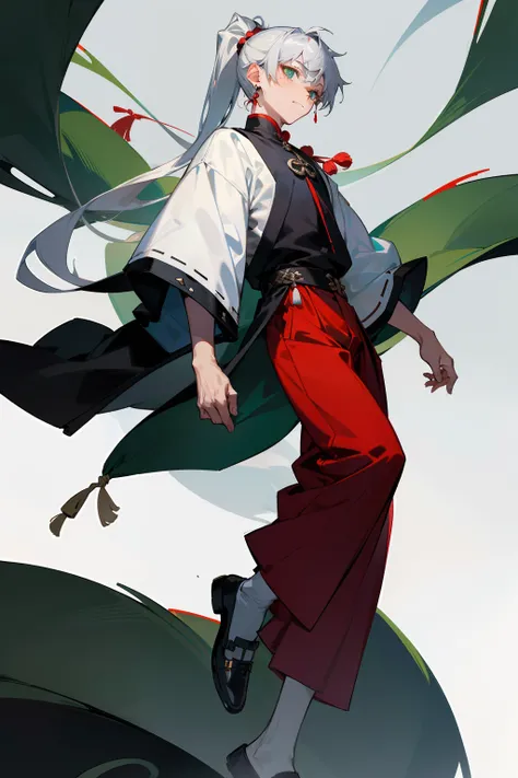 The boy wears loose red trousers with green eyes and white high ponytail mens clothing，Wearing Miao wide-sleeved clothes，Around his neck he wore a large scattered strewn silver ornament。The overall look has a juvenile feel，Wear black cloth shoes on your fe...