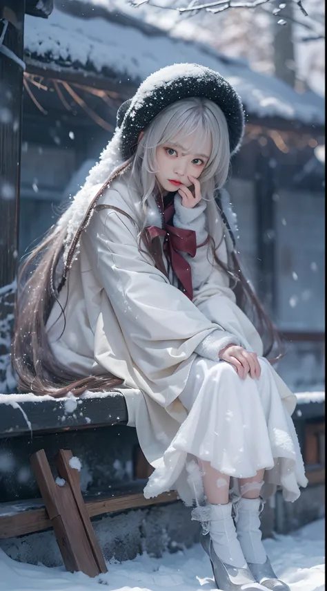 ((Works of masters))，(超高分辨率)，1 girl,Glowing eyes，Tears of sadness， Sitting, Lolita costume，Cloak (Snow, Snow，Outdoor activities in winter:1.2),