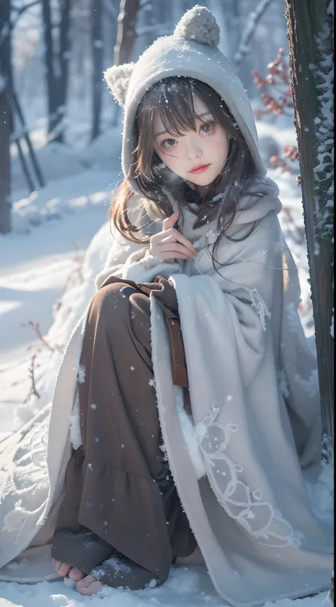 ((Works of masters))，(超高分辨率)，1 girl,Glowing eyes，Tears of sadness， Sitting, Lolita costume，Cloak (Snow, Snow，Outdoor activities in winter:1.2),