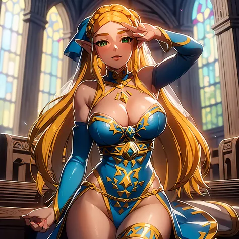 ((masterpiece)),(illustration),(((best quality)),iridescent, high resolution illustration,Amazing,highres,intricate detail, extremely detailed CG unity 8k wallpaper ((zelda)), large breasts, full body, (delicate cute face), blond long hair, lovestruck,(gre...