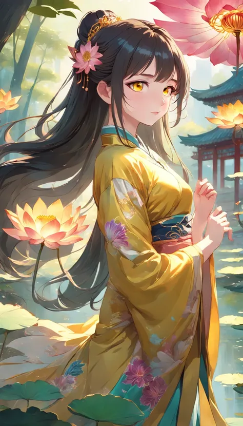 (masterpiece, Full HD, anime-style:1.4), a Chinese girl with long hair wearing a beautiful golden tiara, (eye-catching yellow eyes:1.3), adorned in a gorgeous Qipao, vibrant colors, (lotus garden:1.3), blooming lotus flowers, (colorful and stunning scenery...